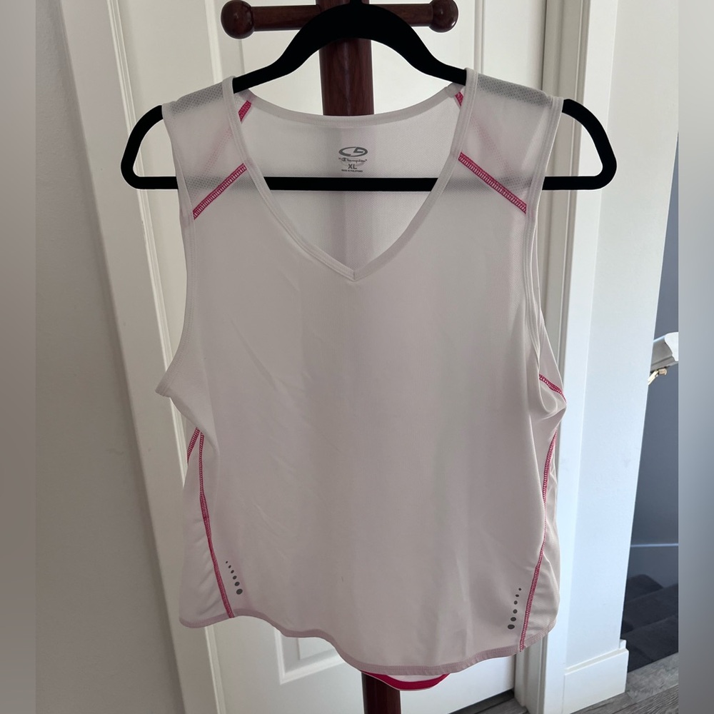 White Champion workout tank with pink detailing; shirt size: XL